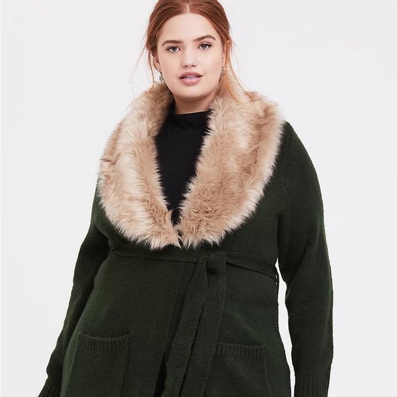 torrid Sweaters - TORRID OUTLANDER GREEN FAUX FUR COLLAR SELF-TIE CARDIGAN